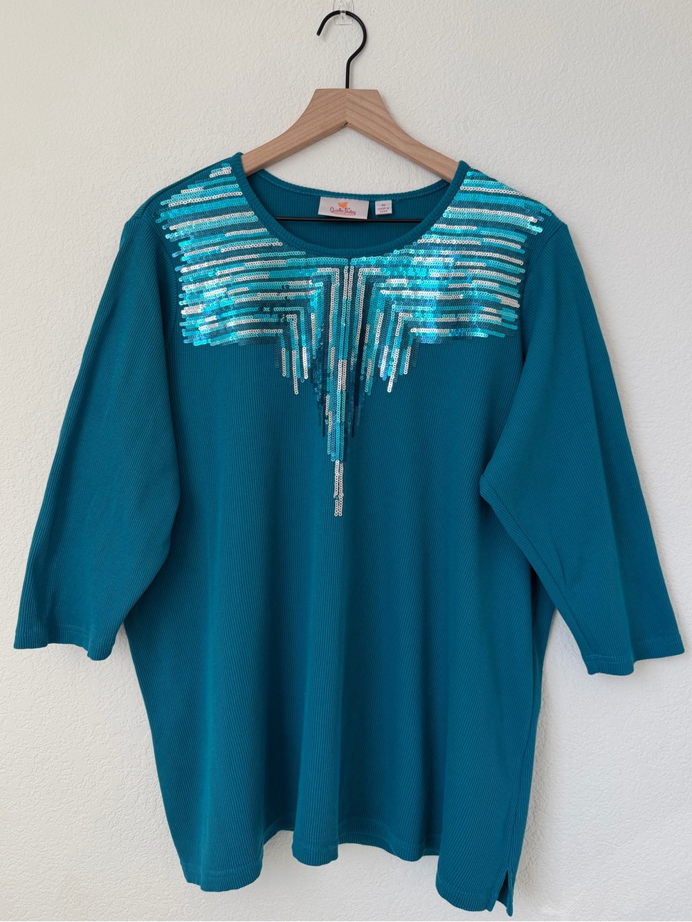 Quacker Factory Dark Teal Ribbed Top Sequin 3/4 Sleeve Embellishment Size 1X